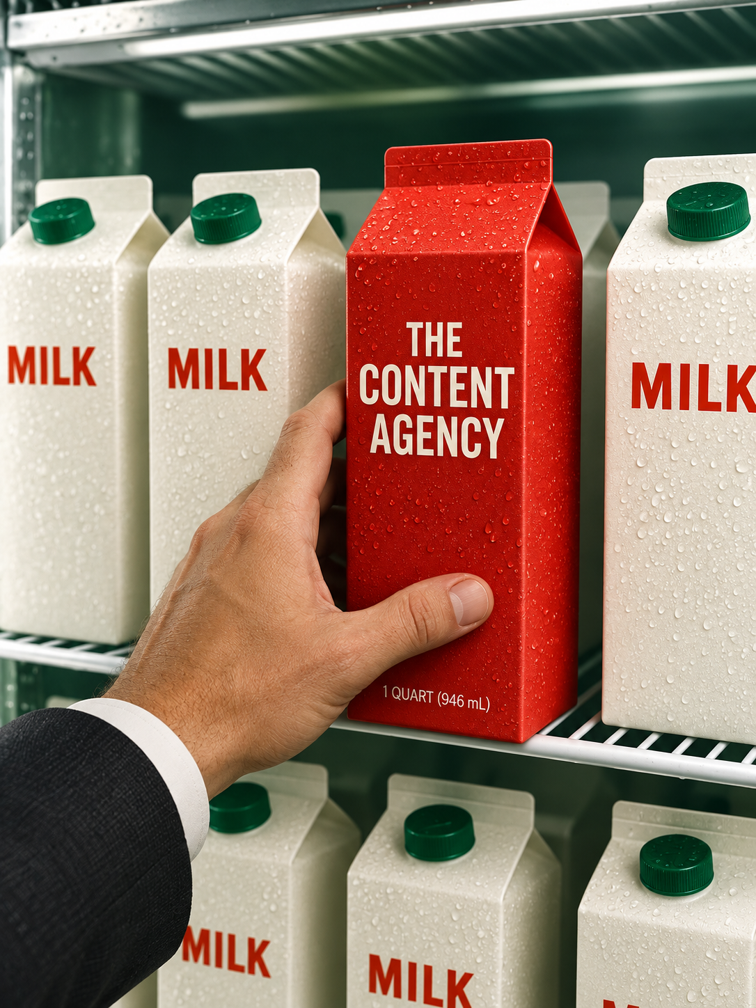 Une main saisit une brique rouge portant la mention « The Content Agency », entourée de briques de lait.