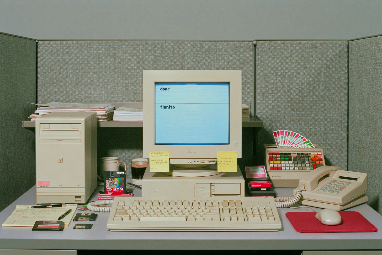 A vintage office desk with a CRT monitor reading done and finnito