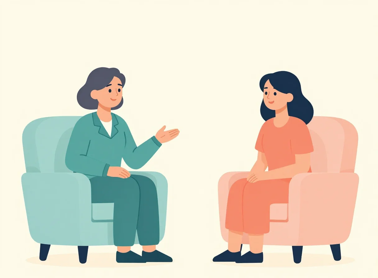 Ilustración de dos mujeres sentadas en sillones, conversando en una consulta
