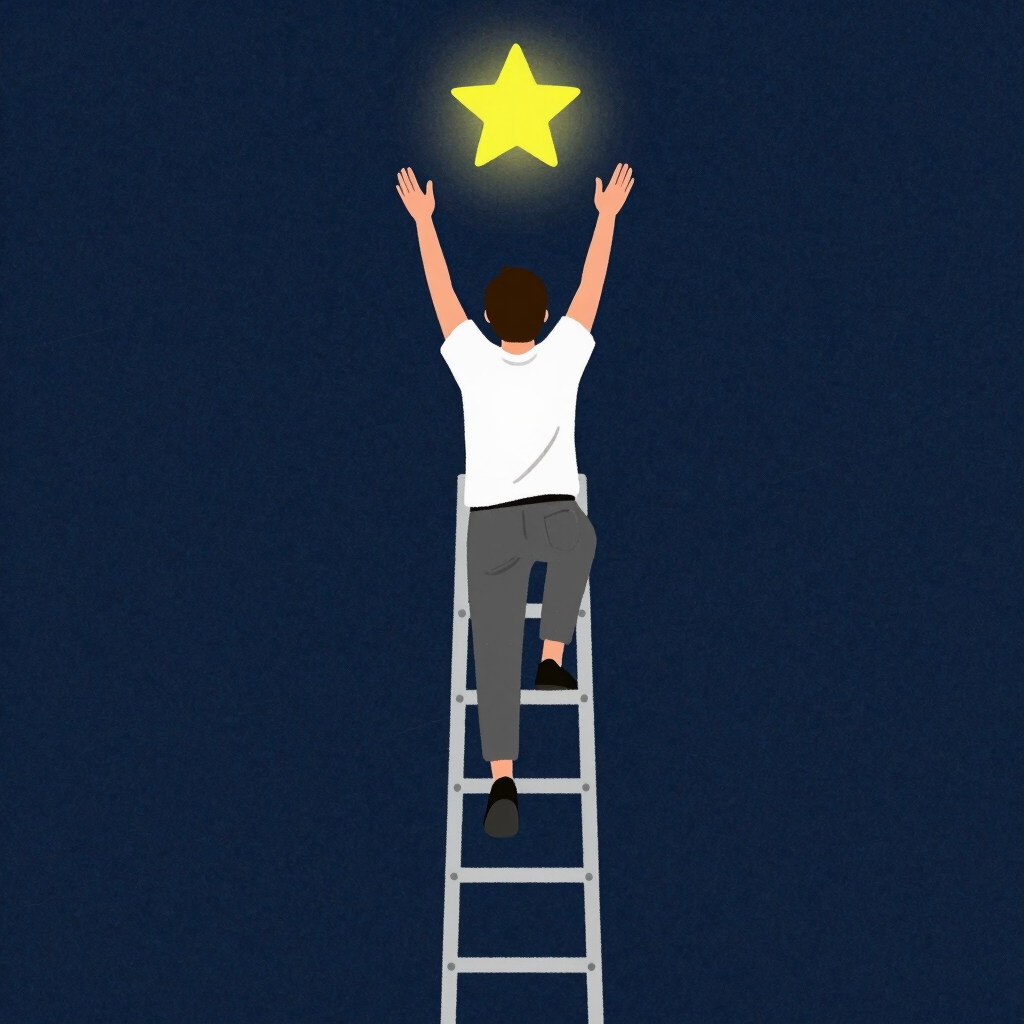 Ilustración de una persona subiendo una escalera hacia una estrella luminosa