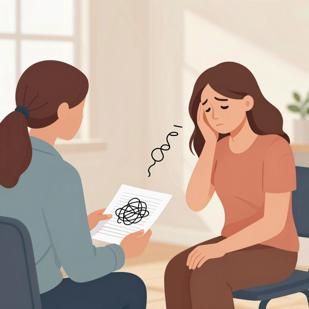Ilustración de una consulta: una mujer escucha a otra que tiene un nudo de pensamientos sobre la cabeza