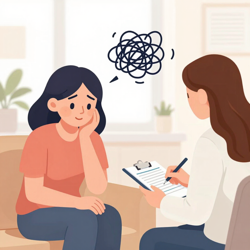 Ilustración de una consulta: una mujer escucha a otra que tiene un nudo de pensamientos sobre la cabeza