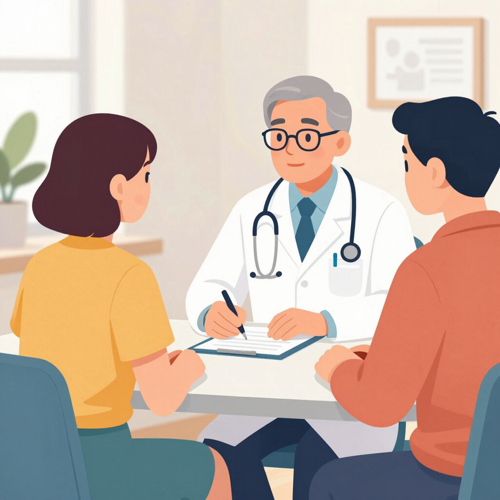 Ilustración de una consulta médica: un médico con bata y estetoscopio atiende a dos personas sentadas frente a él
