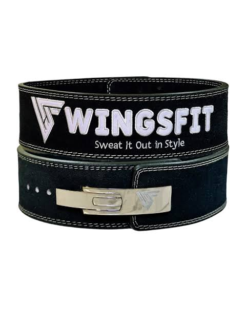 Black WingsFit lever lifting belt with white embroidery and a silver buckle