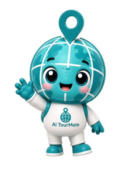 Az AI TourMate kabalafigurája telefonnal a kezében bemutatja az alkalmazást