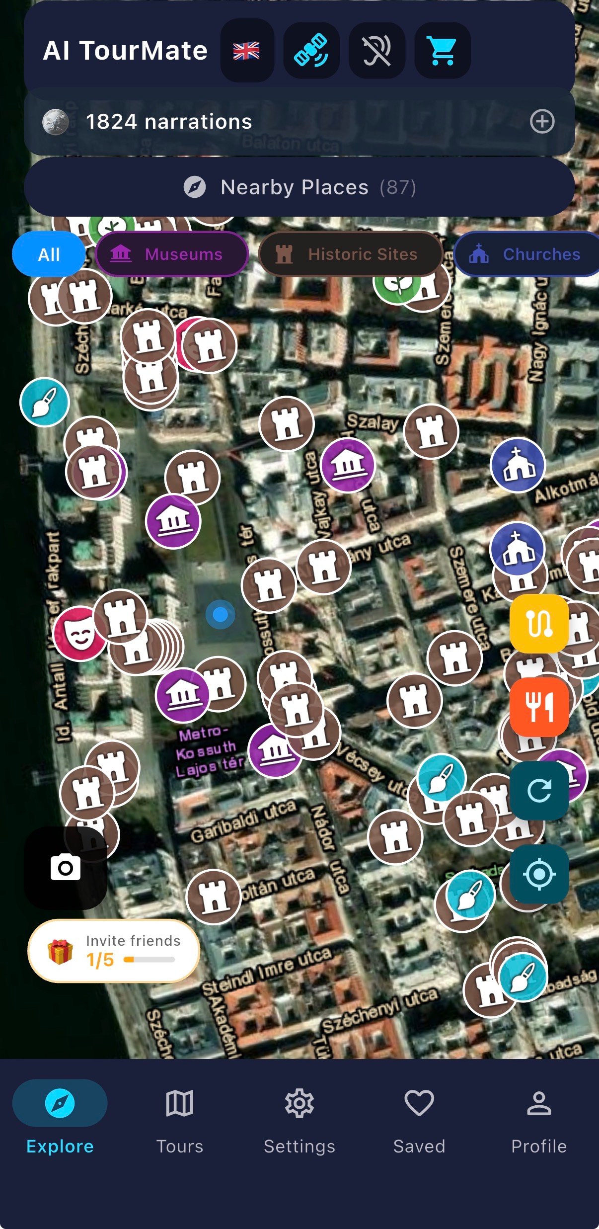AI TourMate app showing nearby points of interest on a map