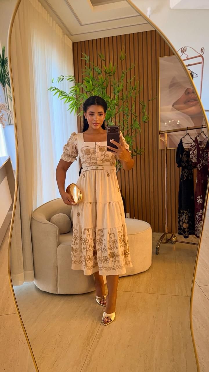 Vestido Midi Bege Puff