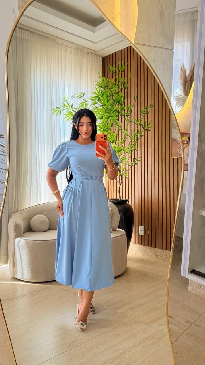 Vestido Midi Azul Claro Modesto