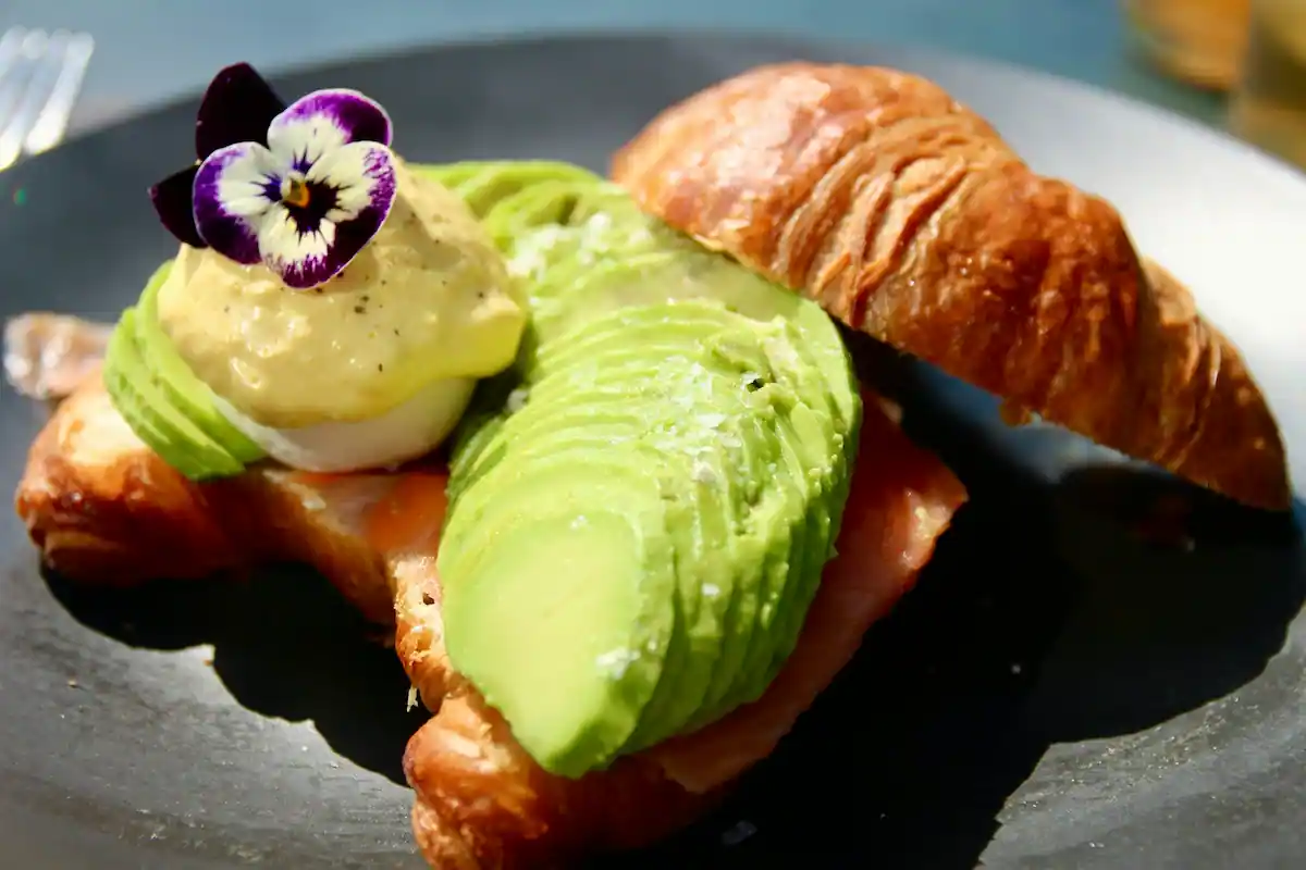 Professional plated avocado toast on croissant with sliced avocado and edible flower garnish
