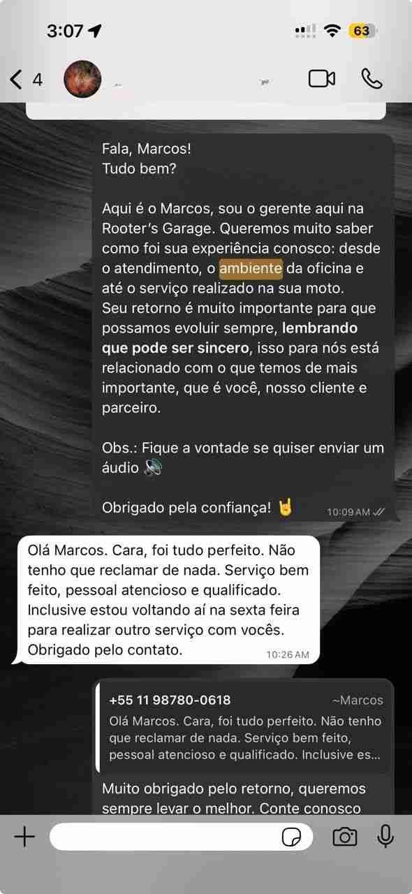 Depoimento de cliente satisfeito no WhatsApp de Marcos, elogiando o atendimento.