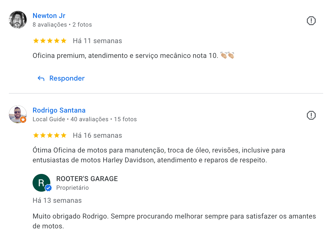Avaliação positiva no Google da Rooter's Garage por Christian Donizete Bernardo, elogiando mão de obra e preço justo.