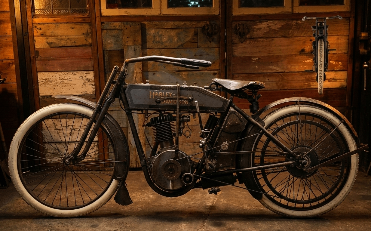 Motocicleta Harley Davidson vintage em uma oficina rústica