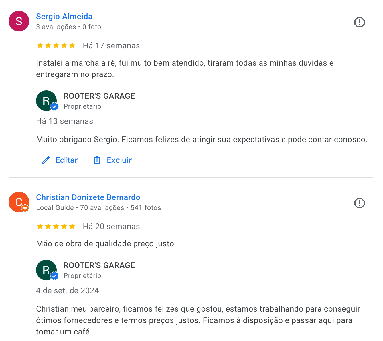 Visão geral das avaliações da Rooter's Garage no Google com 4.9 estrelas.
