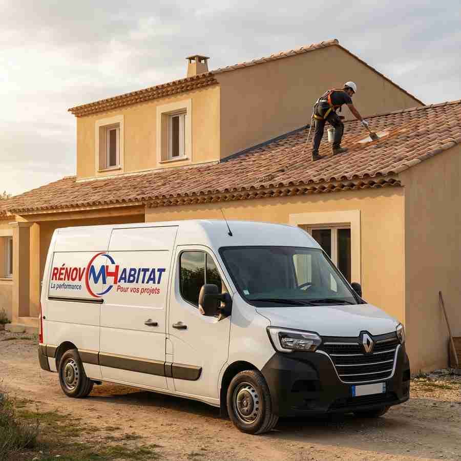 Camionnette Renov Habitat MH devant un chantier de toiture