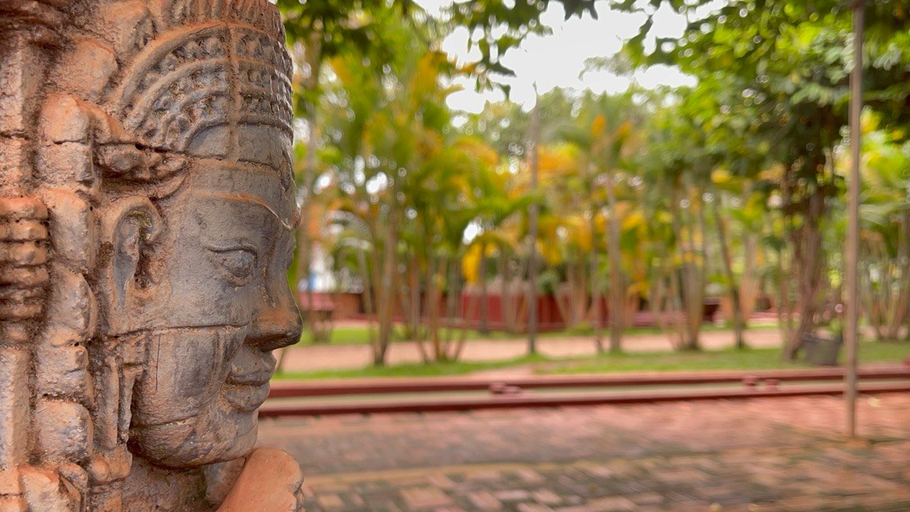 Detailed Khmer stone carving on temple replica