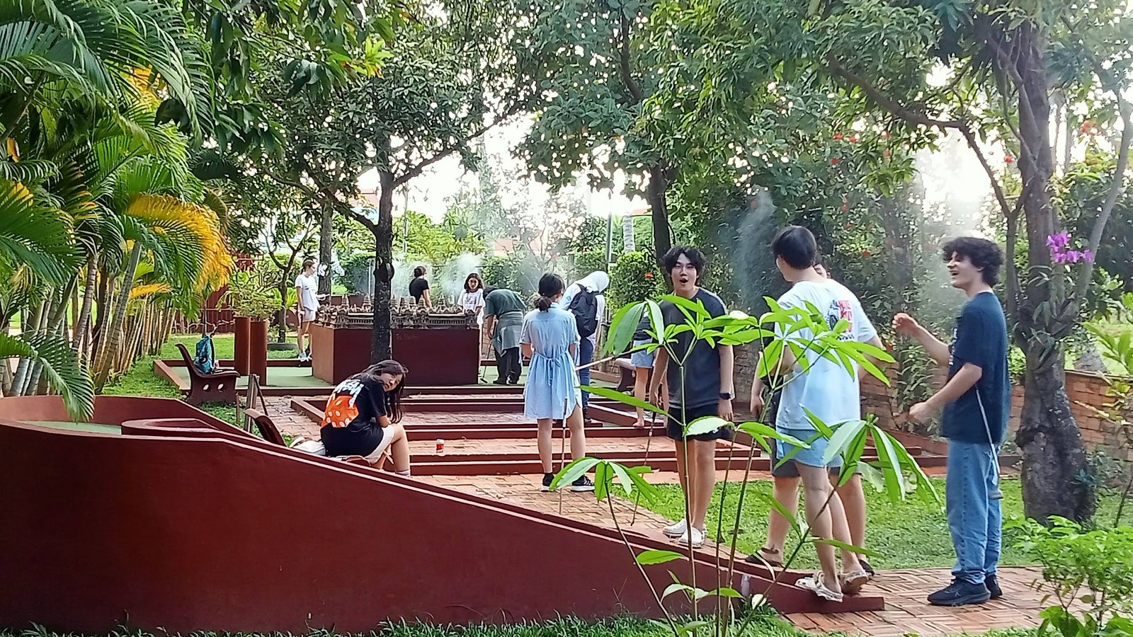 Students exploring the temple garden course