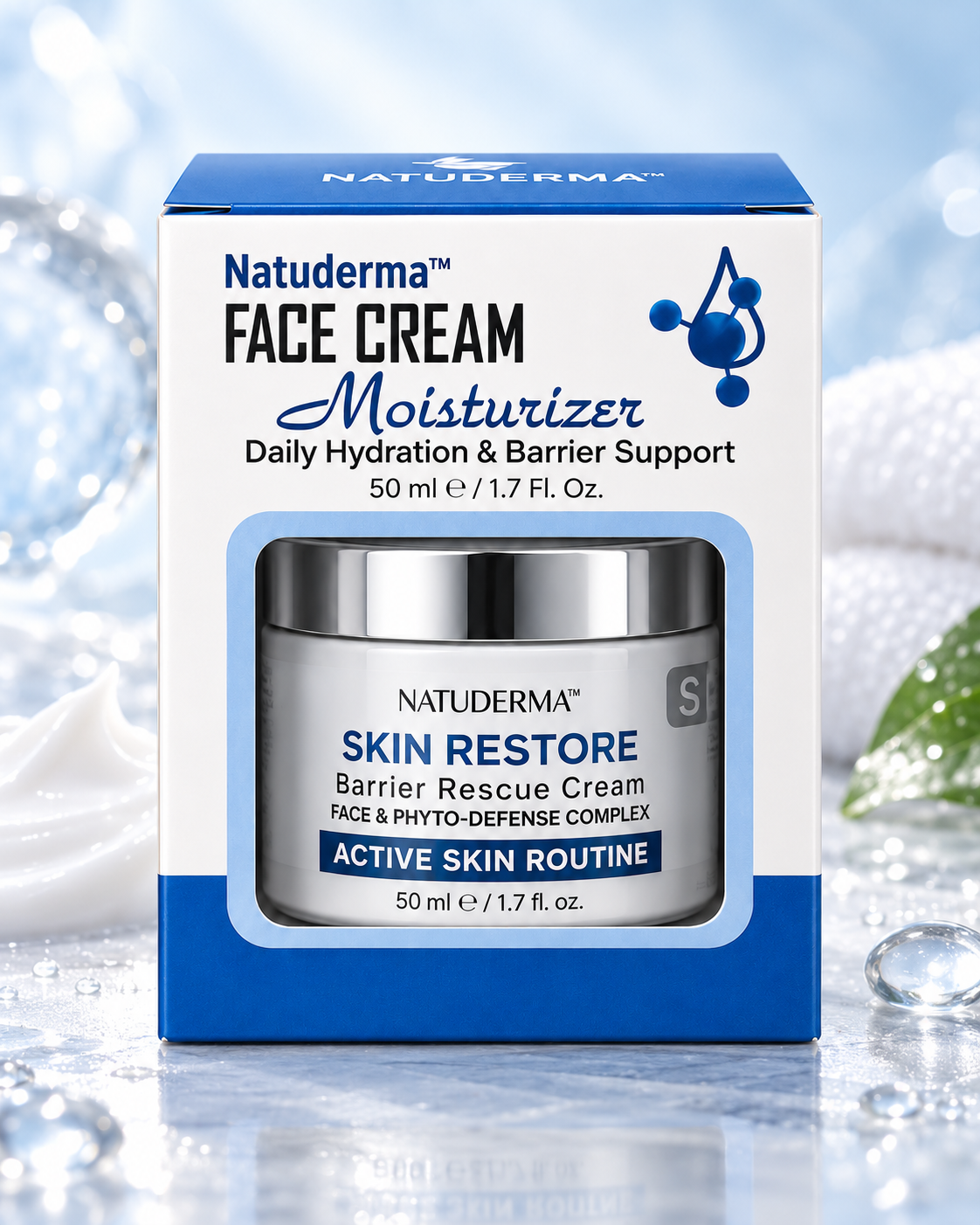 Natuderma Skin Restore Barrier Rescue Cream jar in blue and white box