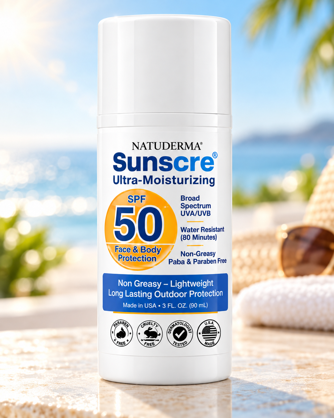 Natuderma Sunscreen Ultra-Moisturizing SPF 50 white bottle on a beach setting