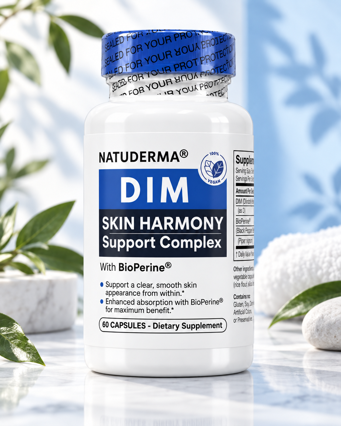 Natuderma DIM Skin Harmony Support Complex white bottle with blue cap