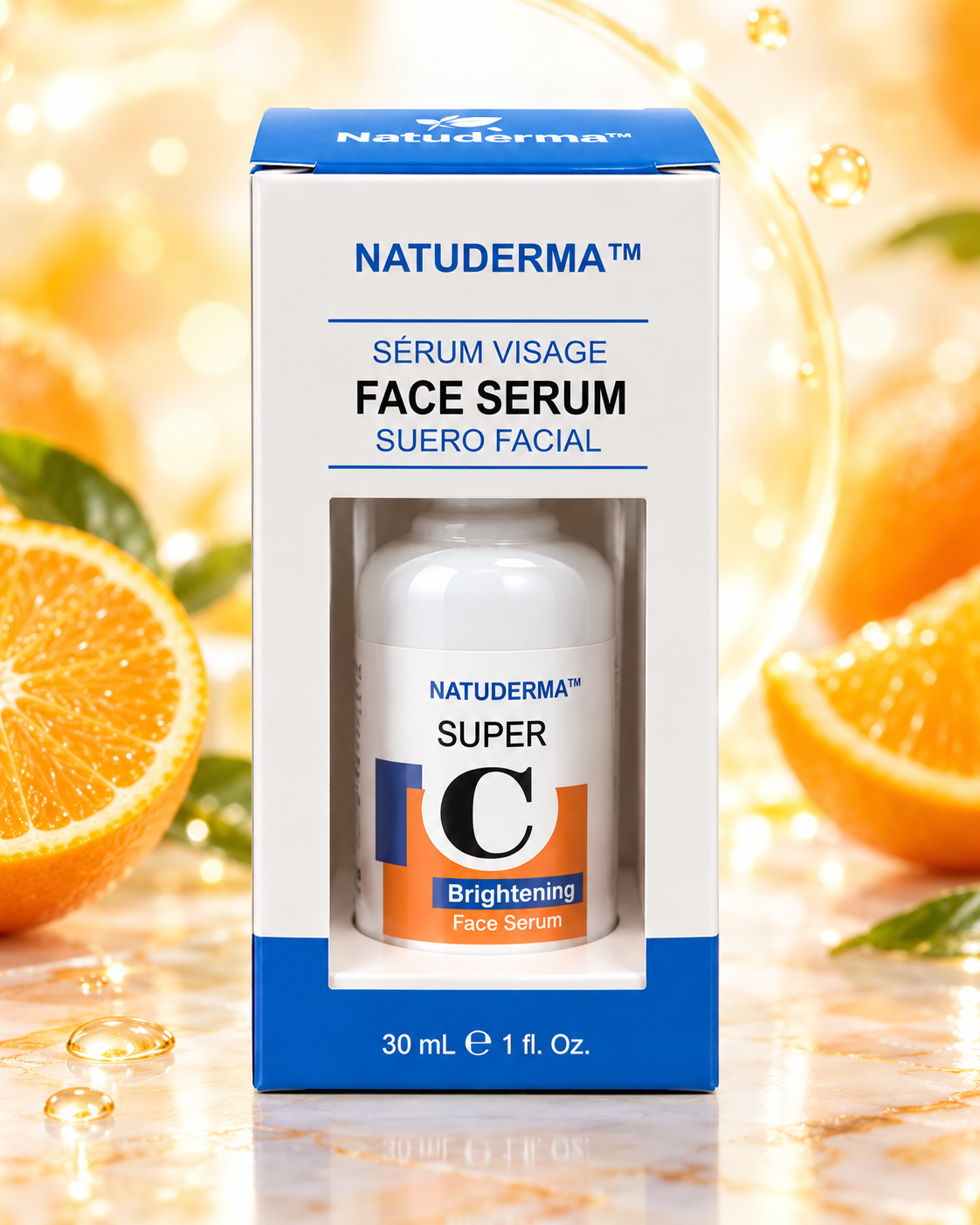 Natuderma Super C Brightening Face Serum bottle in blue and white box with oranges