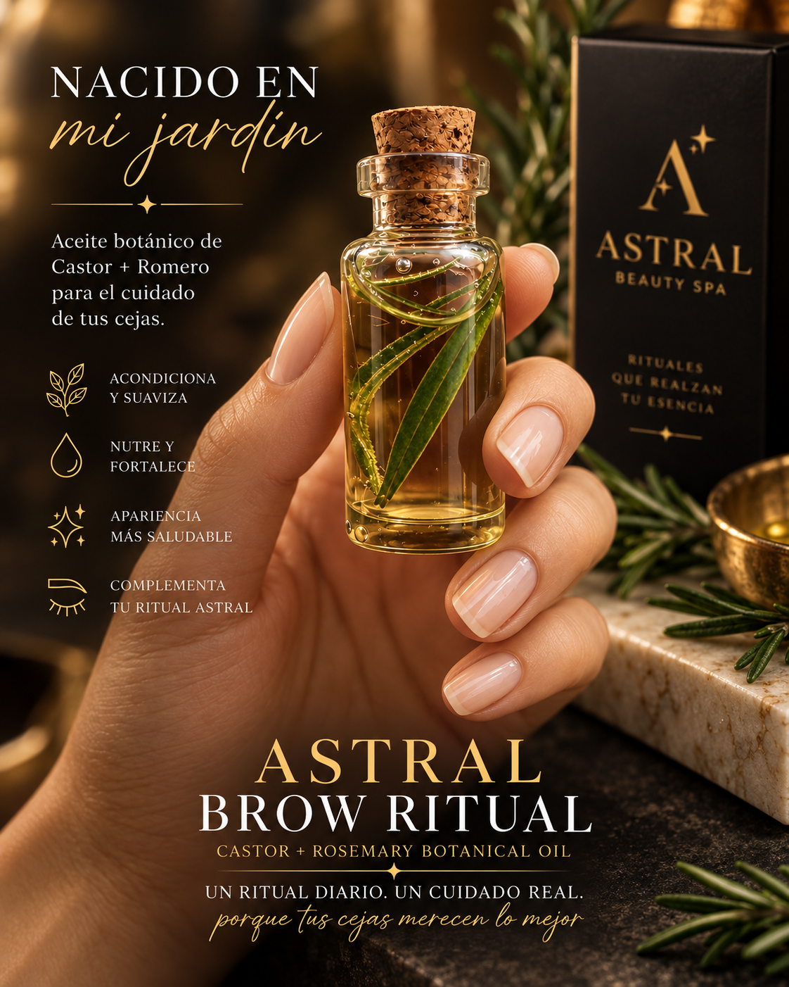Hand holding Astral Brow Ritual castor and rosemary botanical oil bottle with cork stopper