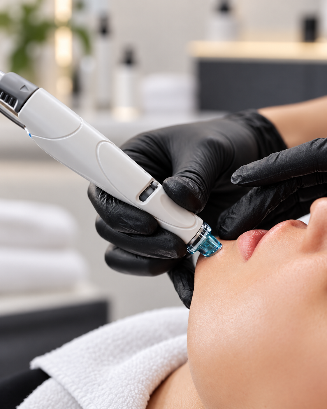 Microneedling pen treatment along the jawline