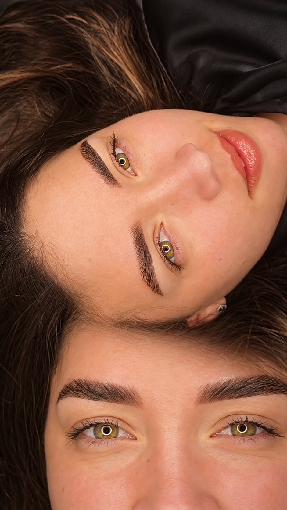 Editorial dual portrait showcasing permanent brow design