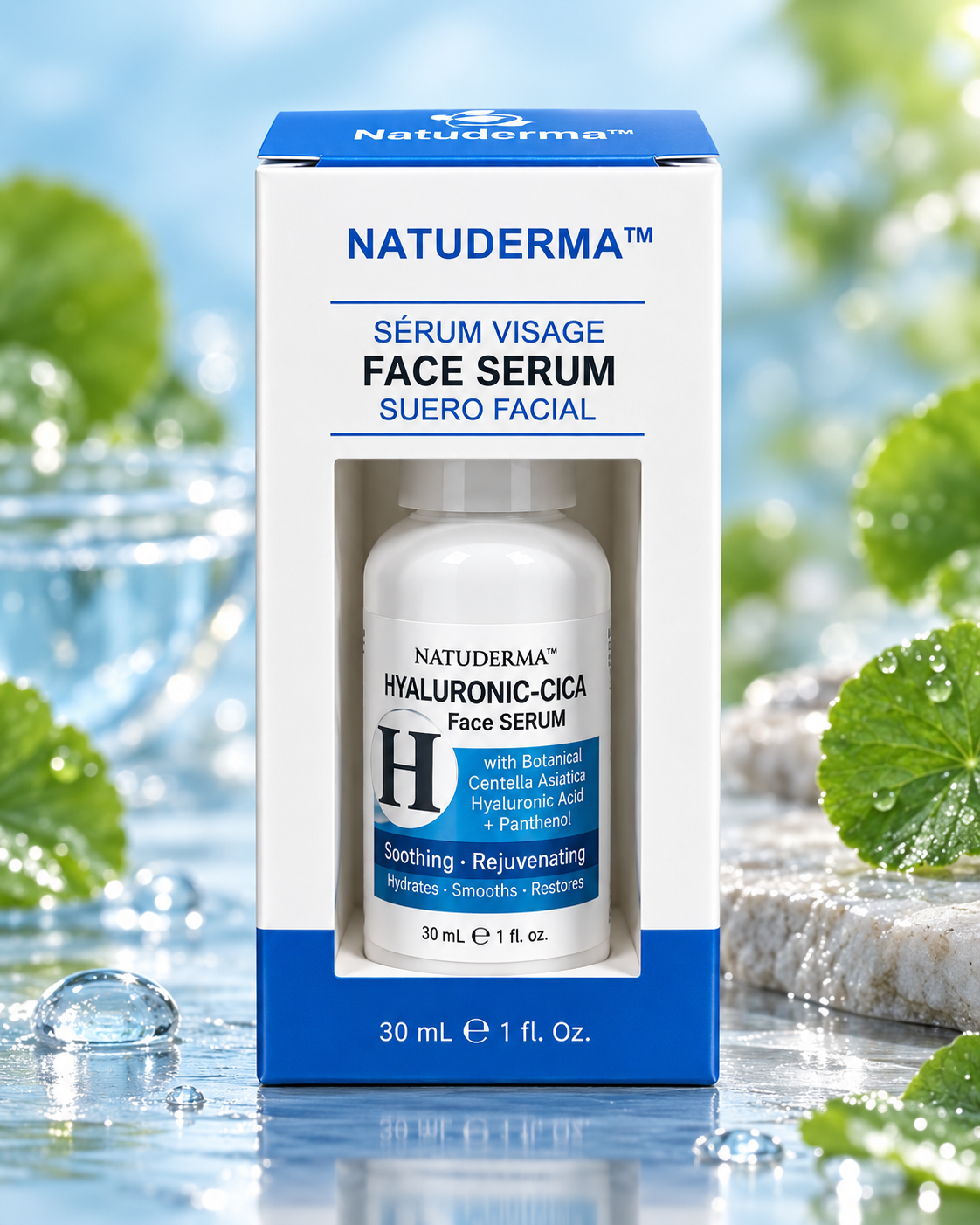 Natuderma Hyaluronic-Cica Face Serum bottle in blue and white box