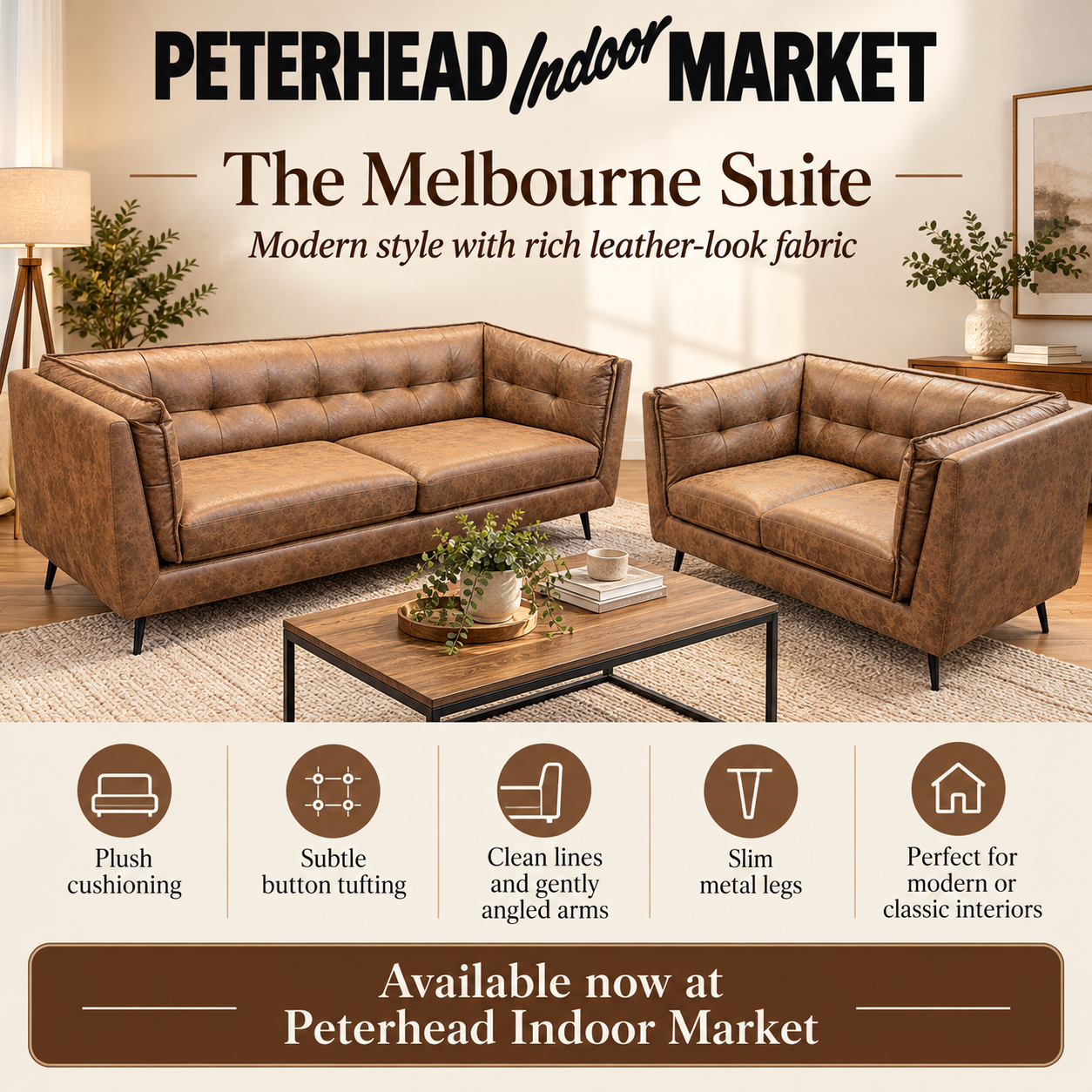 The Melbourne Suite promotional graphic, a brown leather-look sofa and armchair