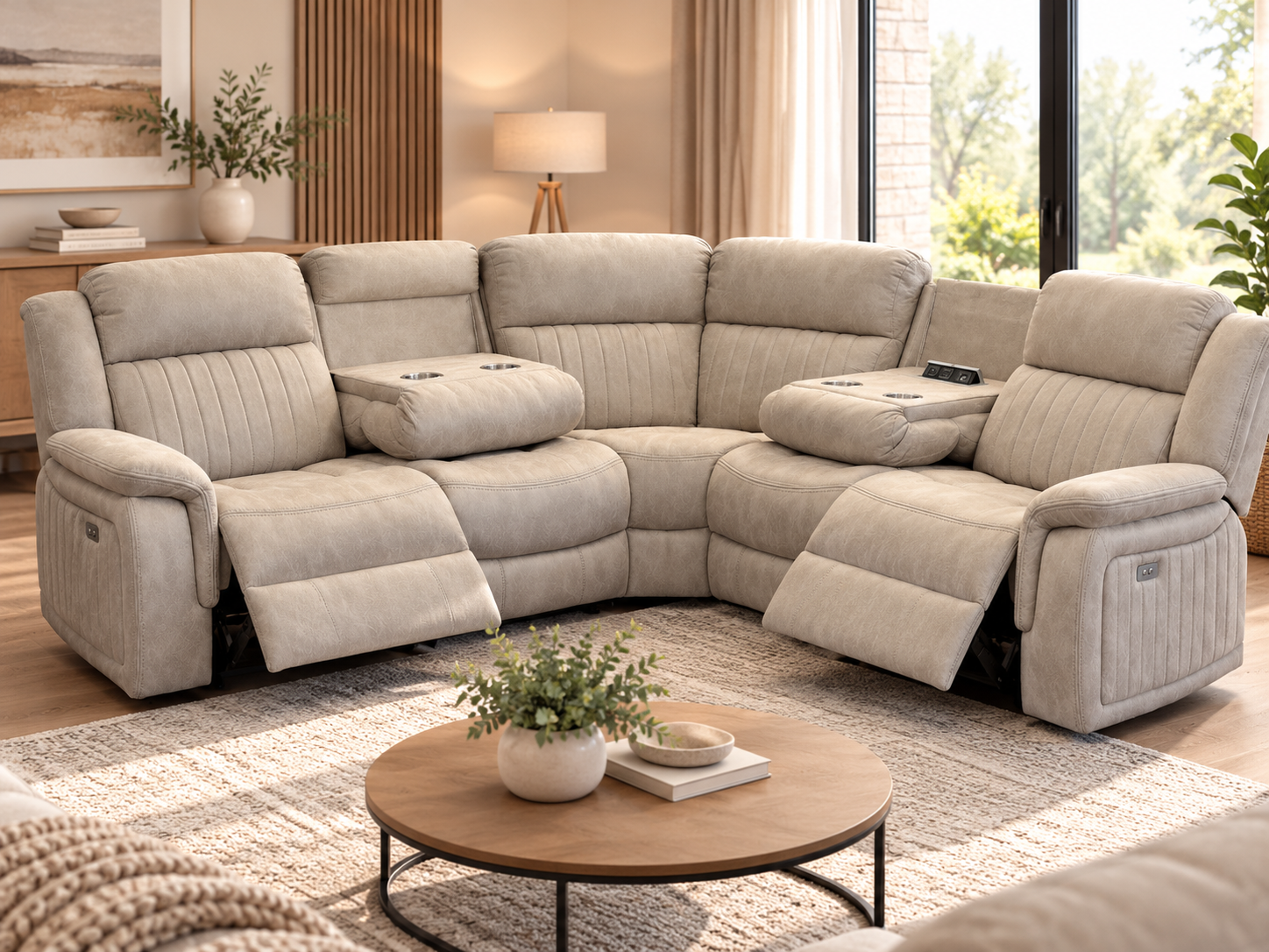 The Fintray suite as a grey fabric corner unit in a cozy home cinema living room