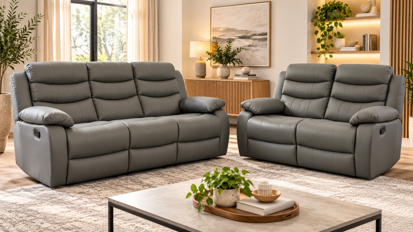 The Roma 2+3 suite in grey faux leather, styled in a living room