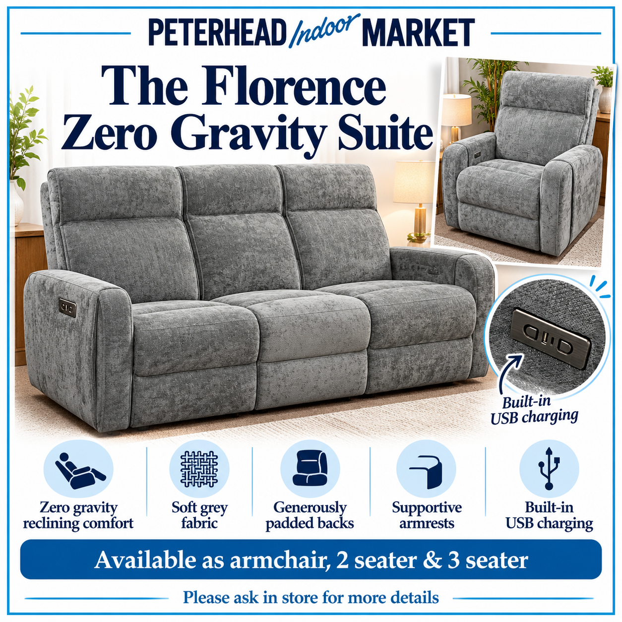 The Florence Zero Gravity Suite promotional graphic, a soft grey fabric recliner suite