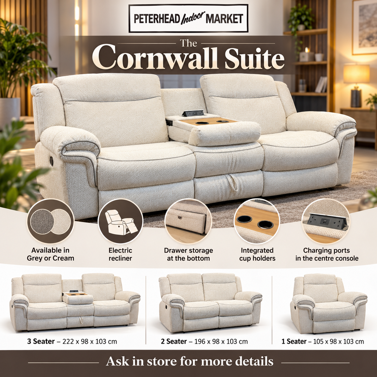 The Cornwall Suite promotional graphic, a cream electric recliner suite with centre console