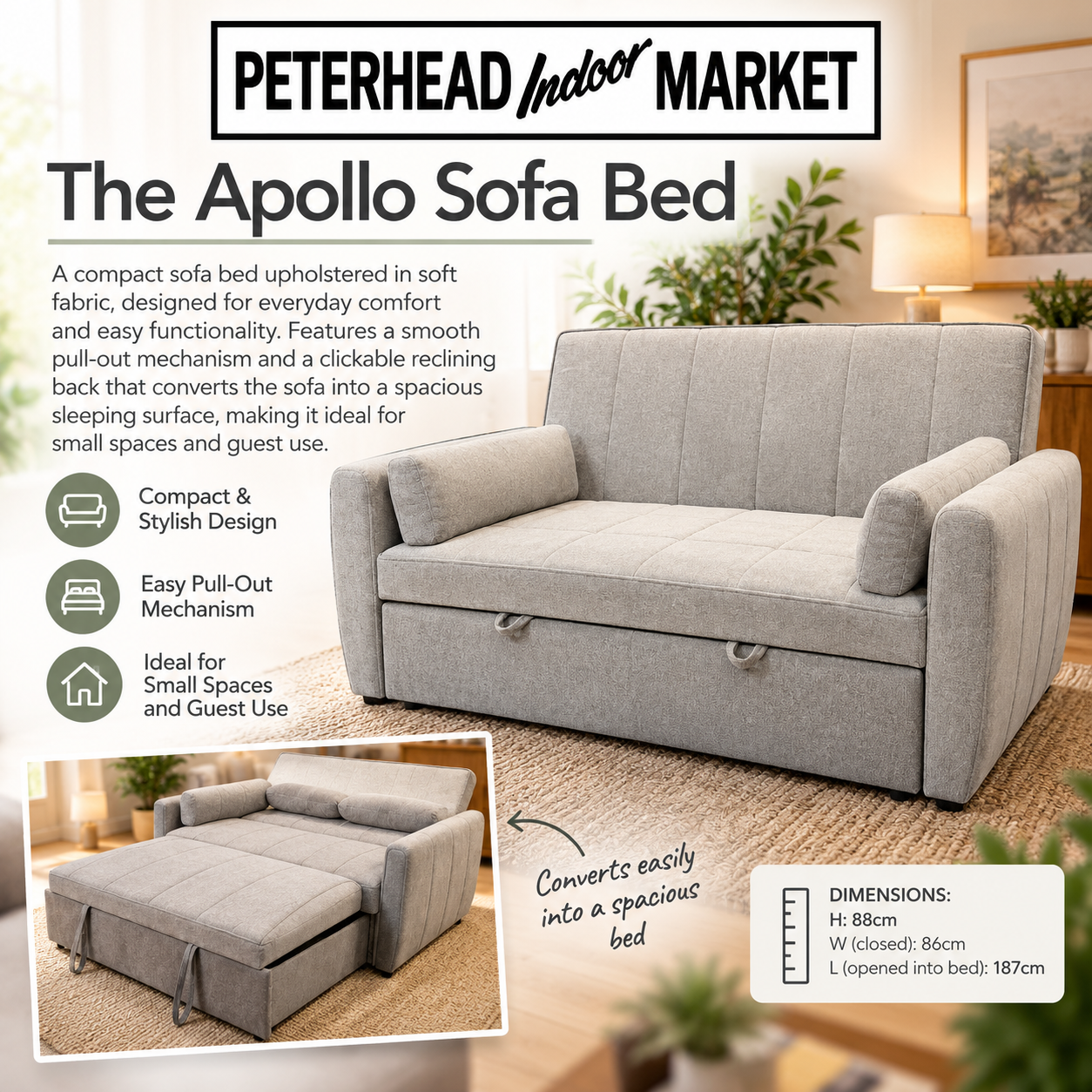 The Apollo Sofa Bed promotional graphic, a compact grey fabric sofa bed