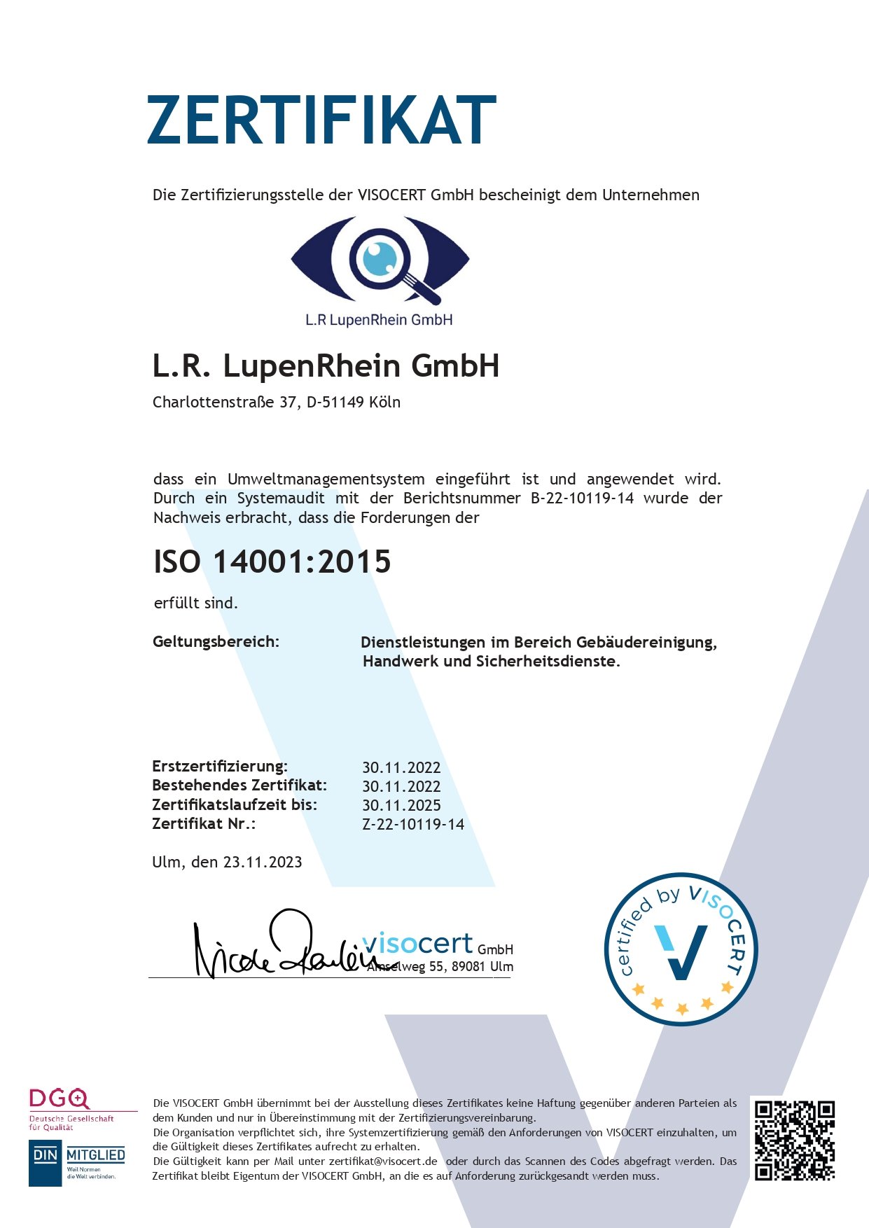 Zertifikat ISO 14001:2015 für Umweltmanagement