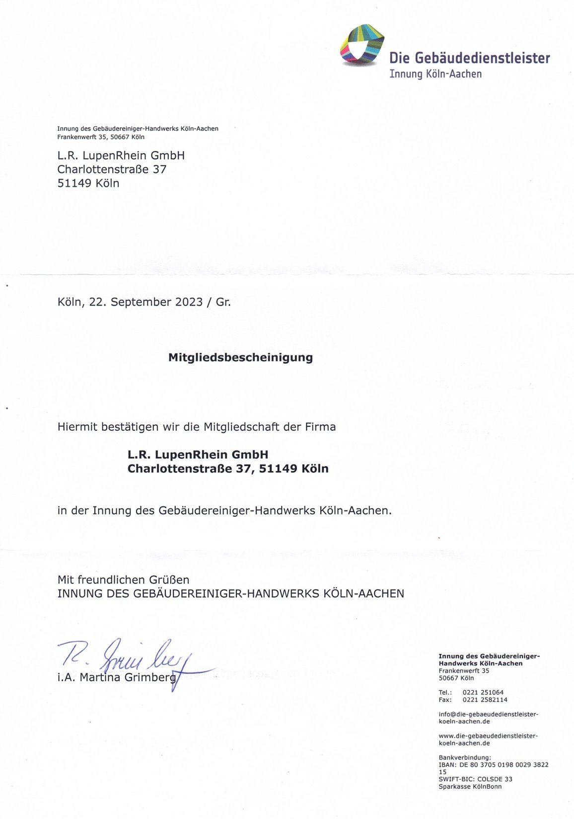 Mitgliedsbescheinigung der Gebäudereiniger-Handwerks Innung Köln-Aachen