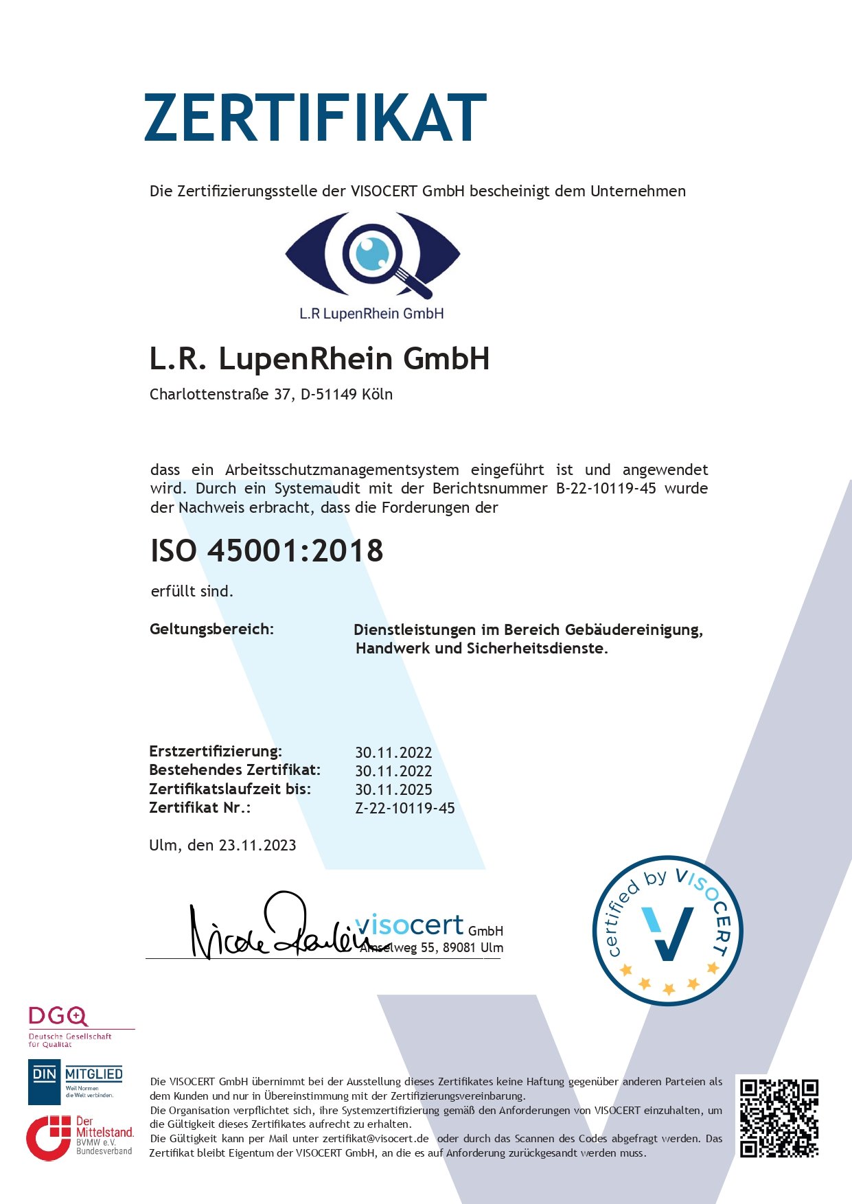 Zertifikat ISO 45001:2018 für Arbeitsschutzmanagement