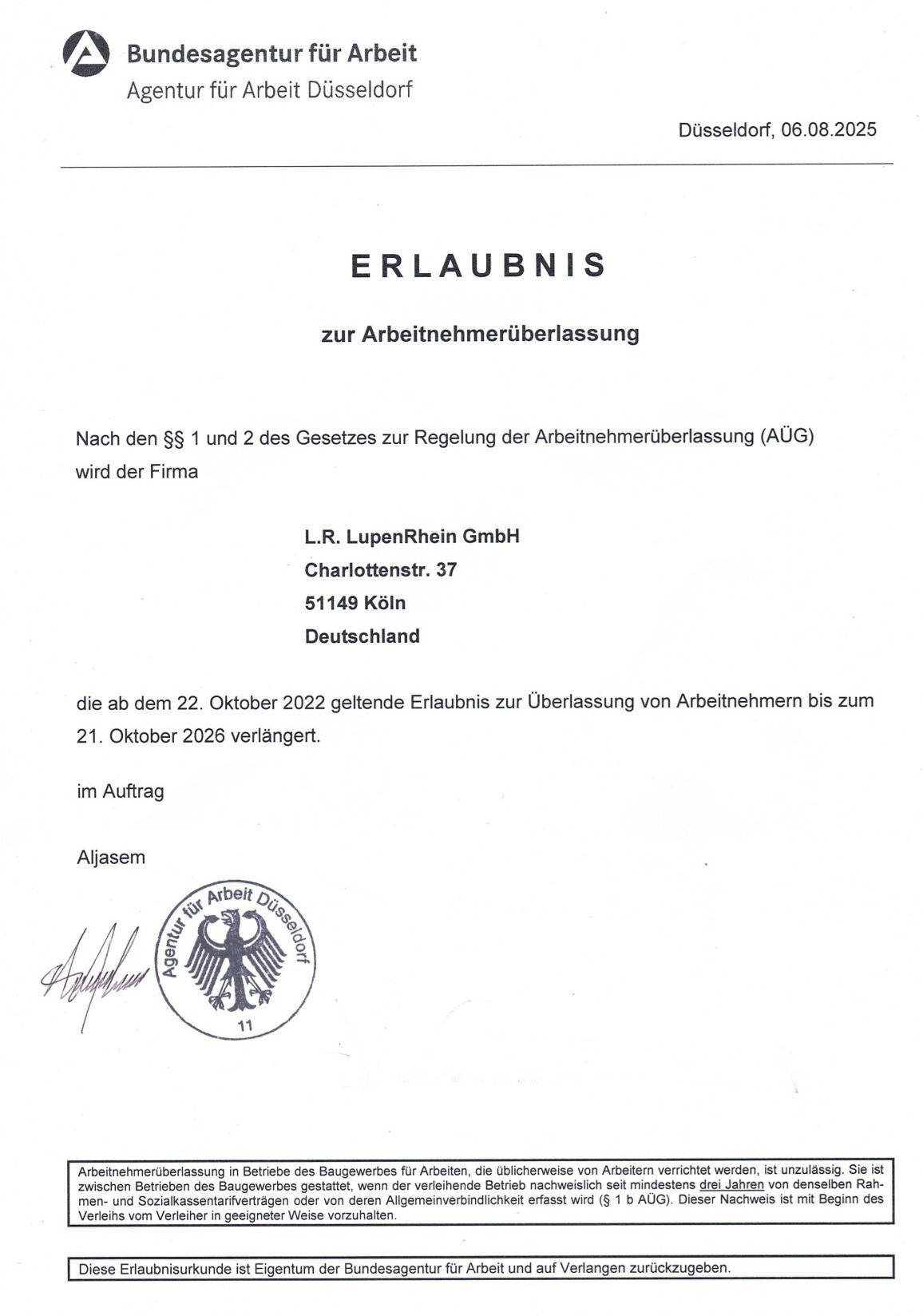 Erlaubnis zur Arbeitnehmerüberlassung der Bundesagentur für Arbeit