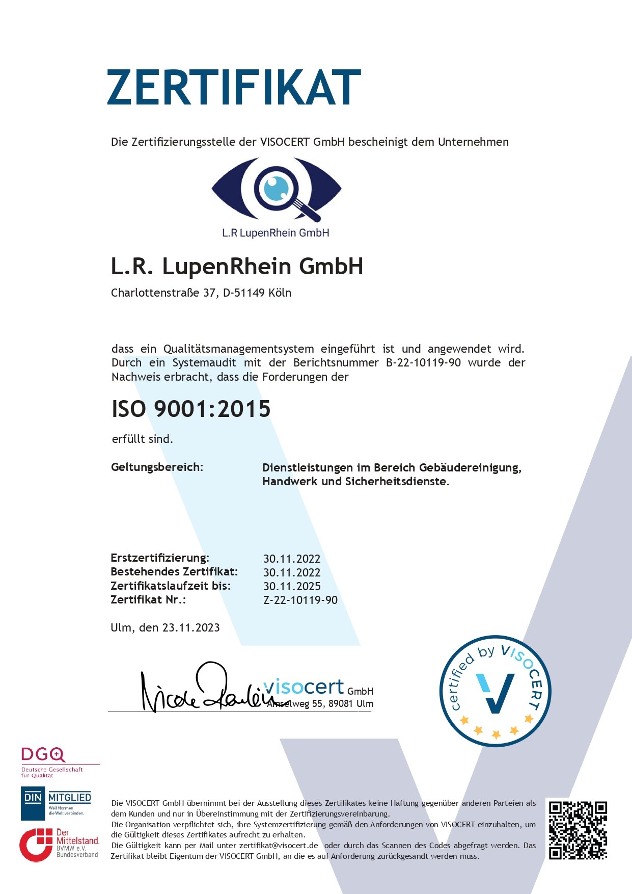 Zertifikat ISO 9001:2015 für Qualitätsmanagement