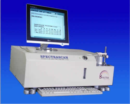 Spectra Foundry S benchtop optical emission spectrometer with analysis report on monitor