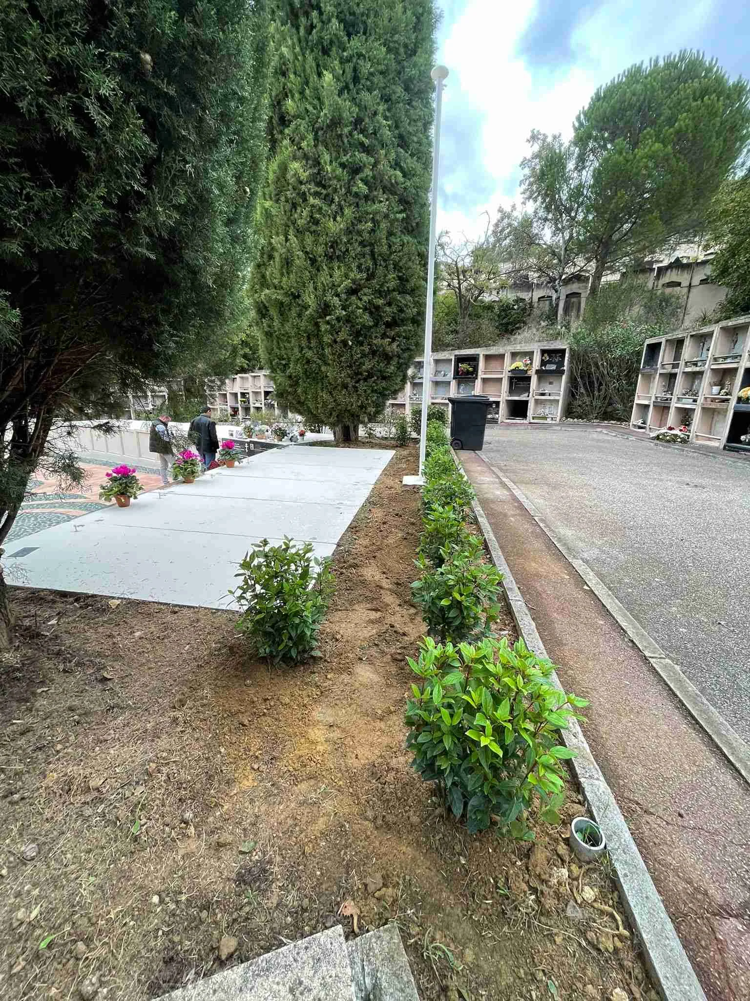 Rénovation cimetière - cour restaurée avec pavage, cyprès, zones commémoratives et aménagement paysager