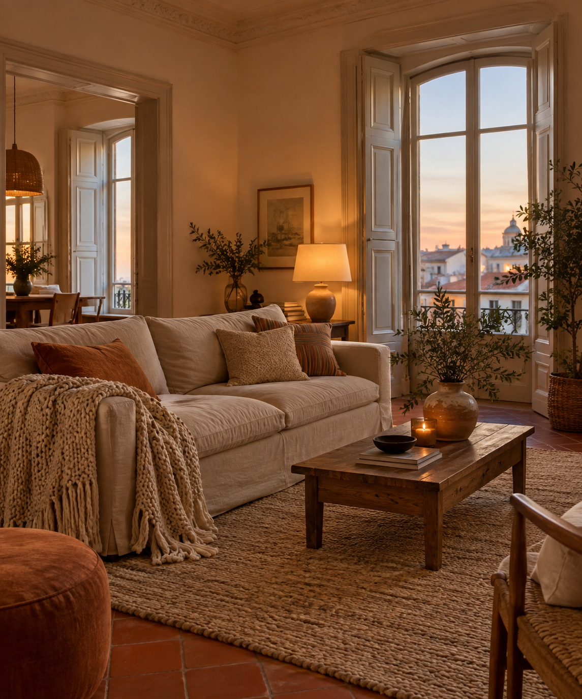 Warm European living room at sunset with linen sofa, wooden table, and arched windows