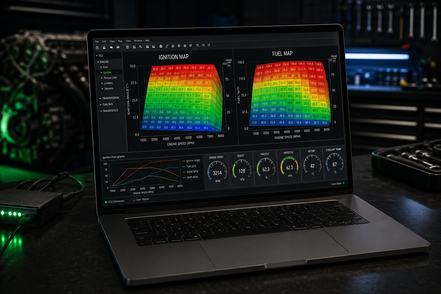 Stage 1 tuning dyno chart — ECU remapping and tuning software on a laptop in a Glasgow workshop
