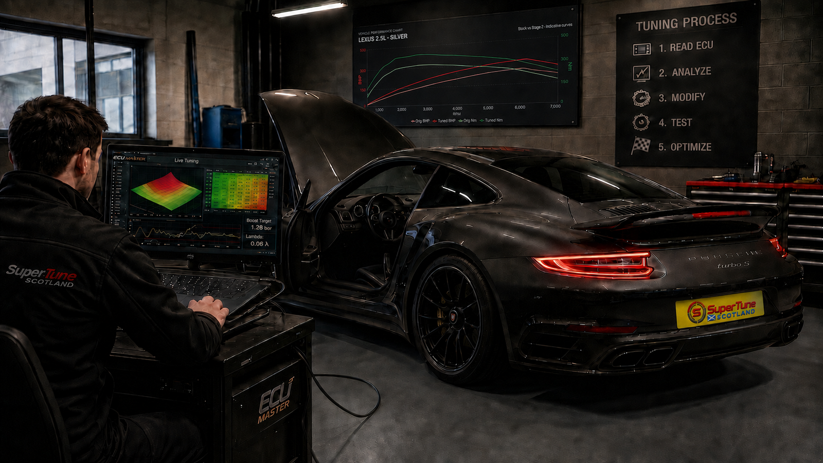 ECU remapping Glasgow reviews — technician using ECU tuning software beside a black Porsche in a Scottish workshop