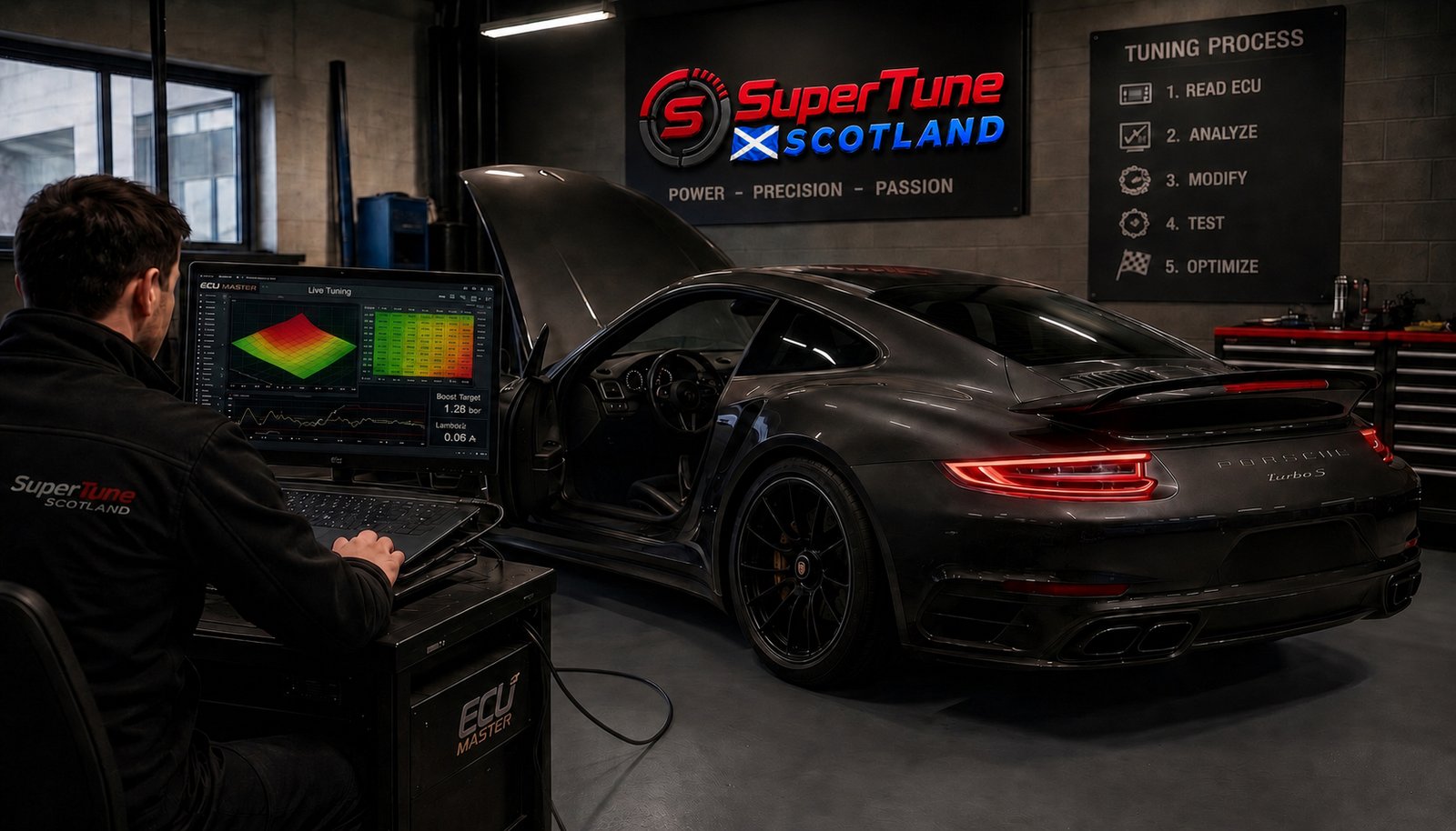 ECU remapping Glasgow workshop — technician tuning a black Porsche 911 at SuperTune Scotland