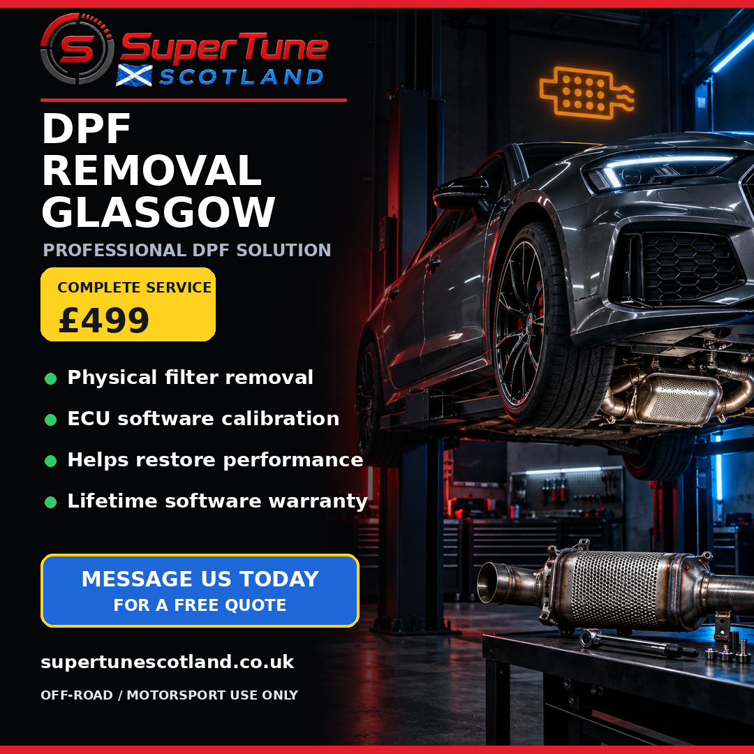 DPF removal Glasgow — SuperTune Scotland complete service with ECU software calibration, from £499 for off-road and motorsport use