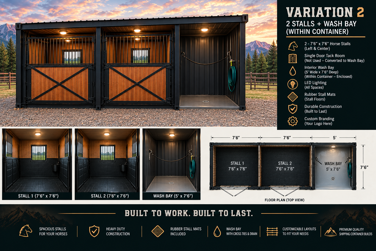 Saddle & Steel Wash Bay Dual — Variation 2 with two 7 foot 6 inch by 7 foot 6 inch stalls and a 5 foot by 7 foot 6 inch interior wash bay within a full 20-foot container, floor plan and feature callouts