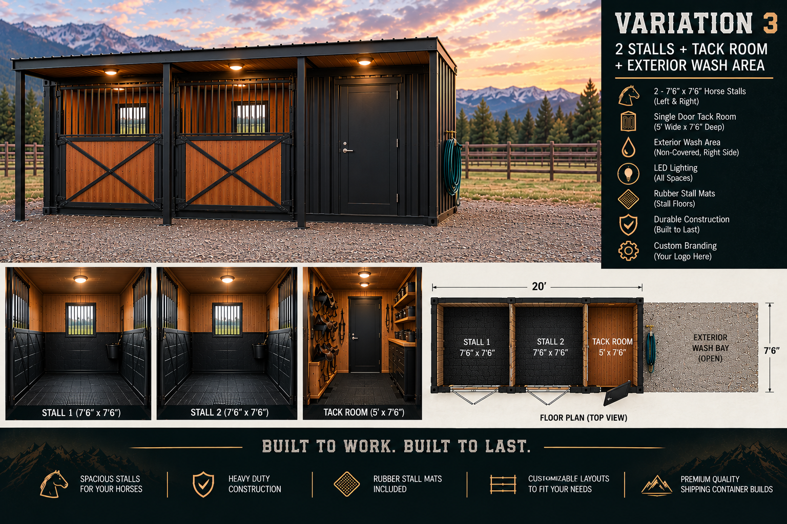 Saddle & Steel Lean-To Run — empty full 20-foot container with covered lean-to overhang and stalls, situated on farm property
