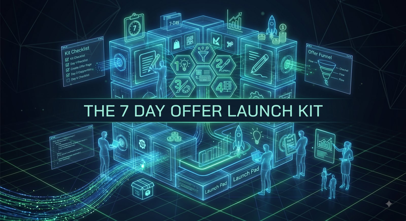 The 7-Day Offer Launch Kit - cyber launch pad with offer funnel, checklists, and AI workflow cubes