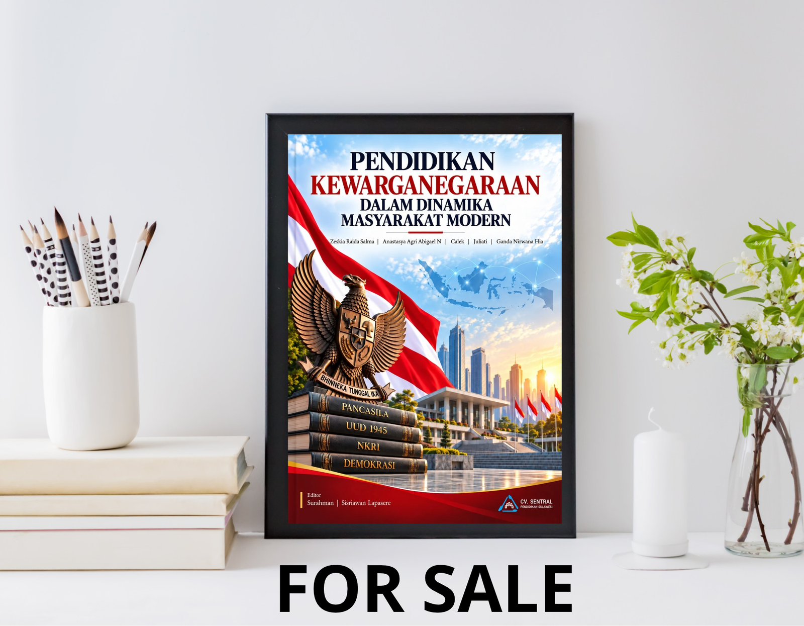 Sampul buku Pendidikan Kewarganegaraan dalam Dinamika Masyarakat Modern menampilkan Garuda Pancasila, bendera Indonesia, buku, dan gedung di bawah langit biru.